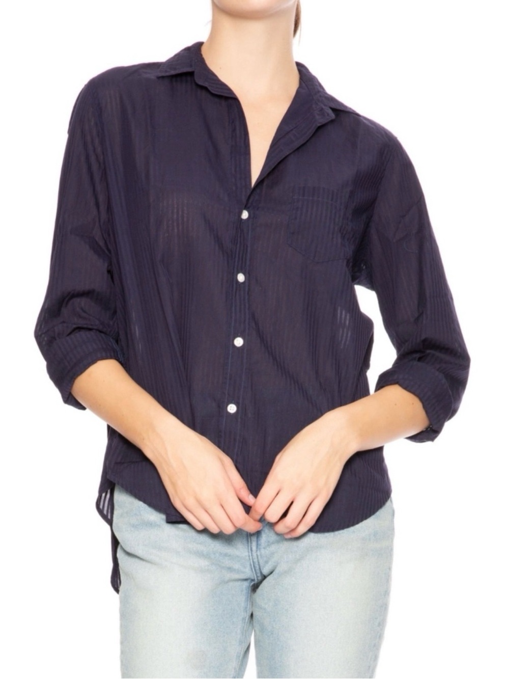 Frank & Eileen navy blue button-down shirt featuring subtle vertical stripes